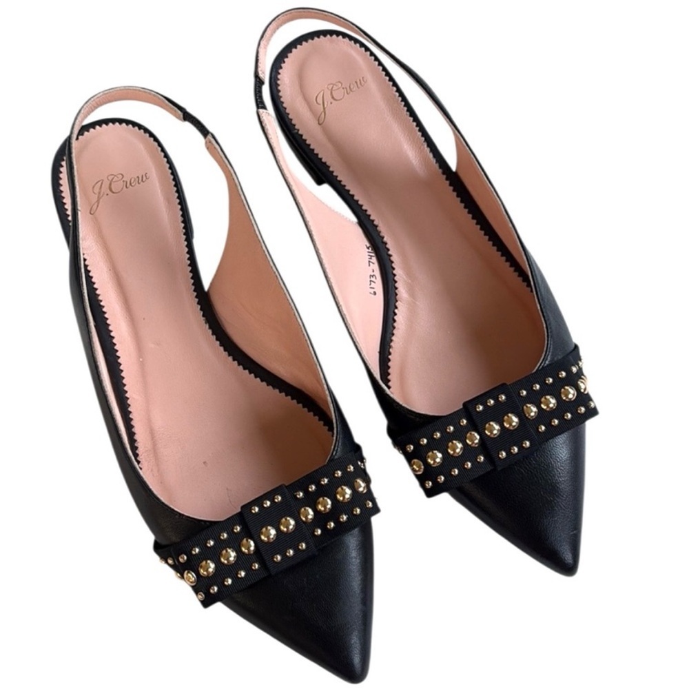 EUC J. Crew Leather Gwen Sling Back Gold
Studded Bow Flats Black Size 8
